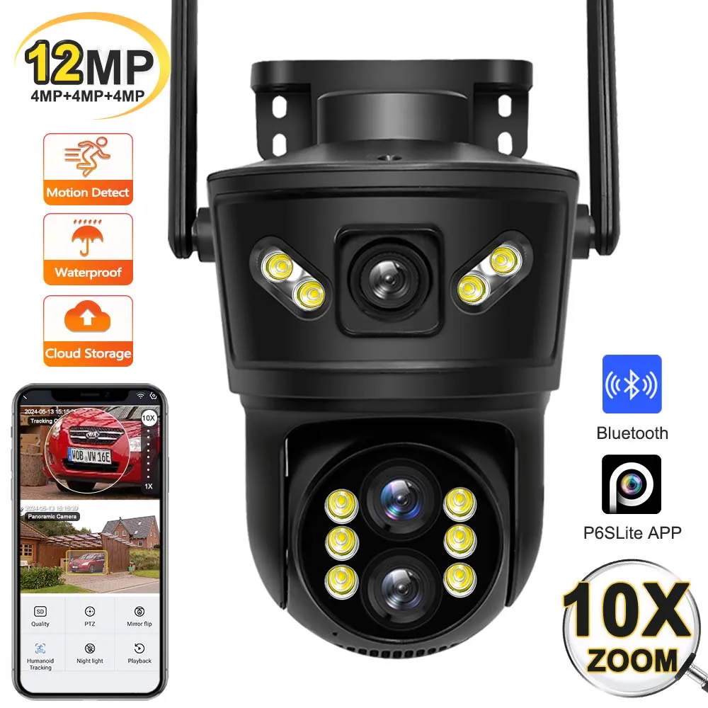6K 12MP Security Camera Three Lens 10X Zoom Dual Screen WiFi Buleteeth Outdoor Protection IP Cam PTZ CCTV Video Surveillance