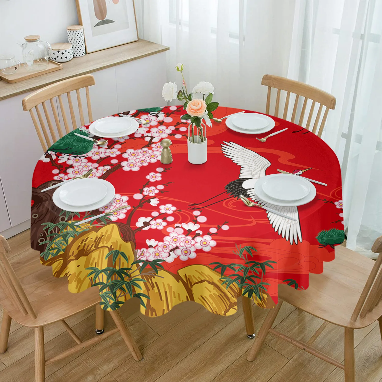 

Japanese Style Crane Cherry Blossom Vintage Round Tablecloth Waterproof Table Cover for Wedding Party Decor Dining Table Cover