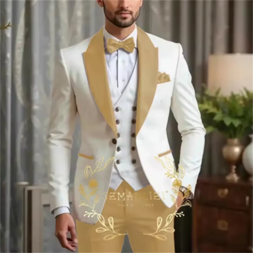 جديد الرجال البدلة مجموعات مأدبة رسمية فاخرة العاج السترة سترة بورجوندي السراويل وتتسابق الزفاف العرسان مخصص موضة سليم صالح ازياء
