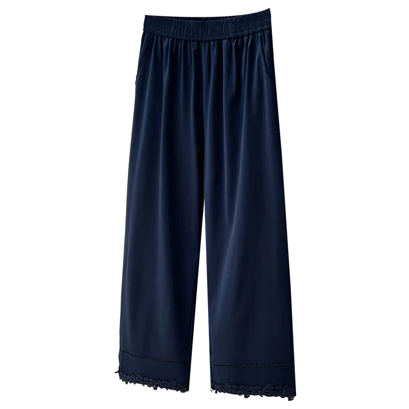 

2026 Summer Plus Size Hollow Straight 8/10 Pants High Waist Lace Hem Elastic Waist Casual Trousers Curvy Ladies 2619