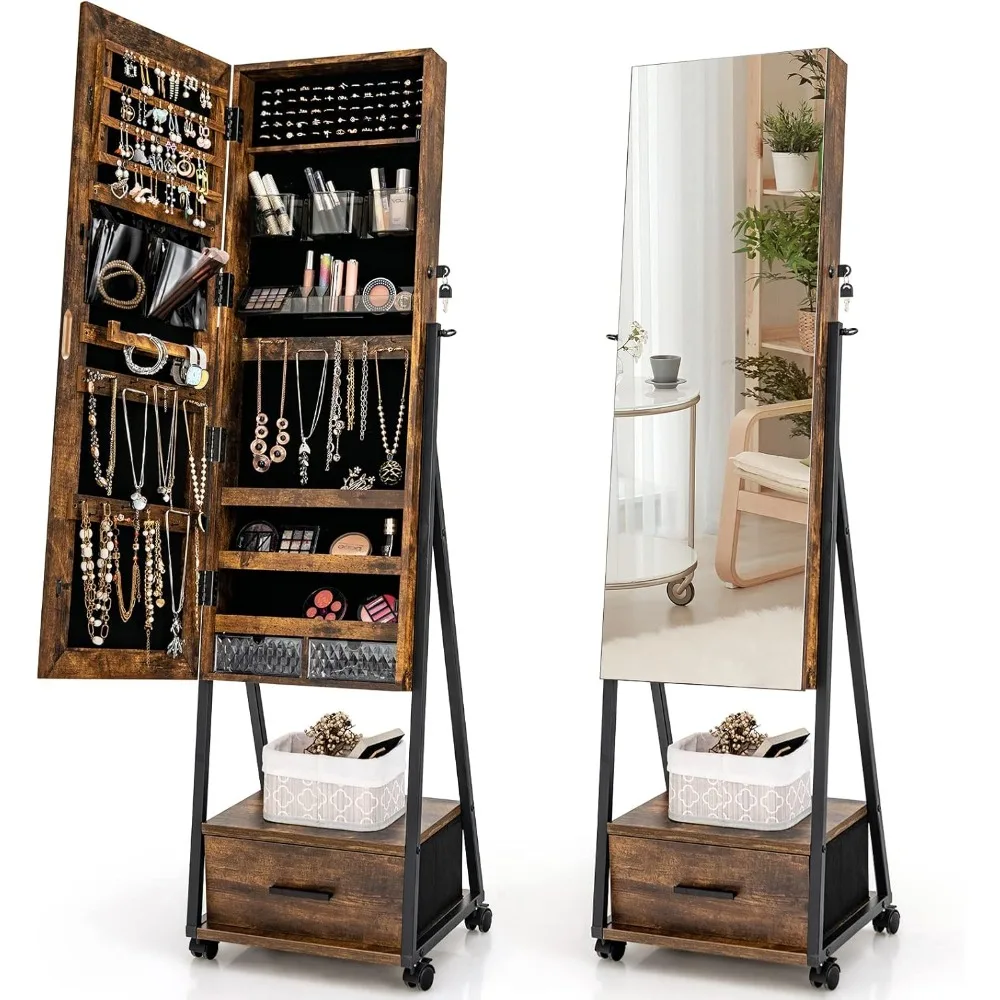 Rolling Jewelry Cabinet with Full Length Mirror, Lockable Standing Jewelry Armoire with Wheels, Steel Legs