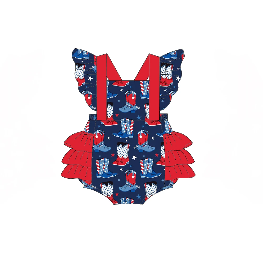 Infant USA Patriotic Romper Ruffle Flutter Sleeve Backless Sunsuit Red White Blue Holiday Outfit custom