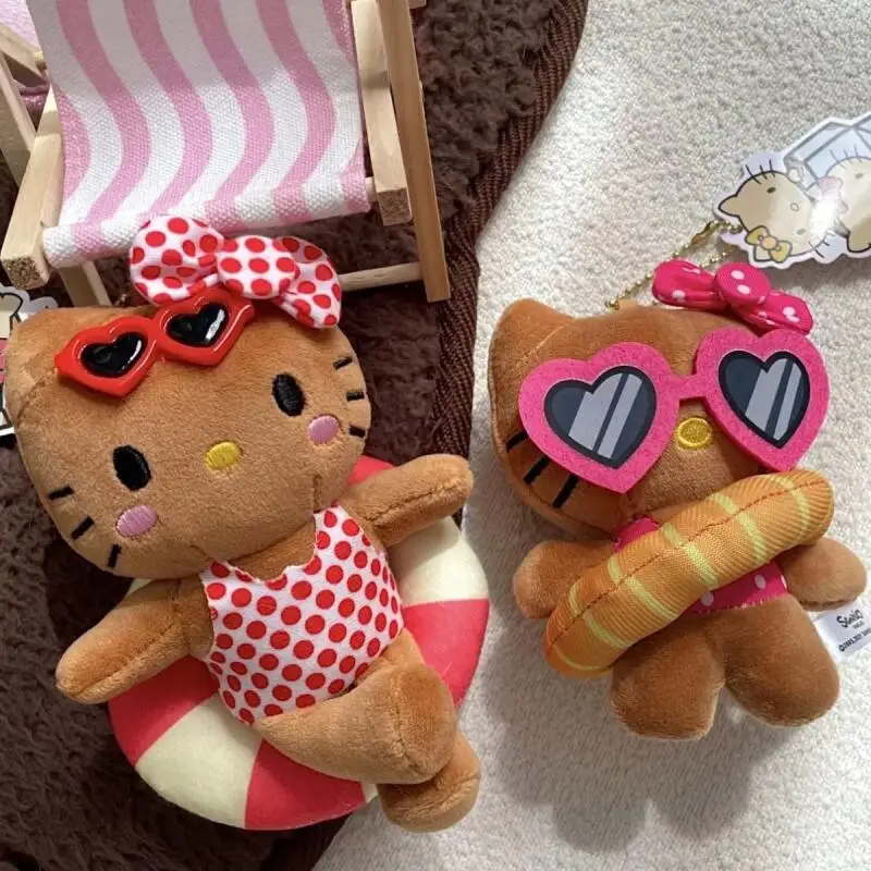 Sanrio Swimming Circle Hawaii Black Skin Hello Kitty Plush Doll Bag Pendant Decoration Cute Keychain Ornament Gift for Friends