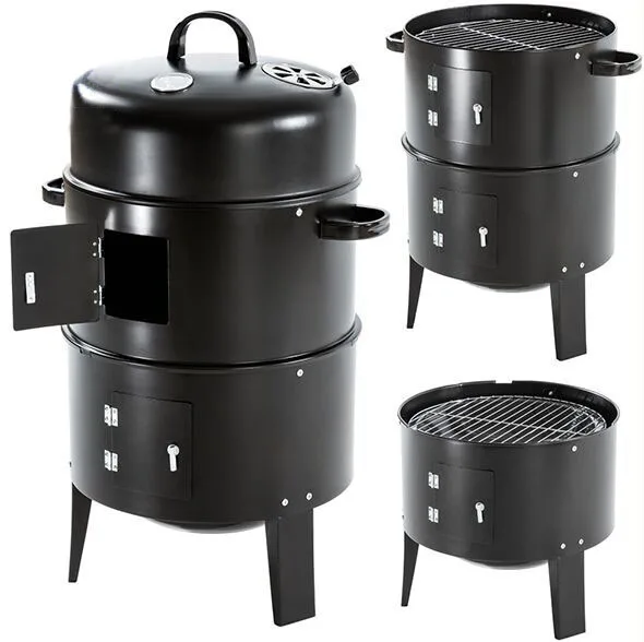 Sample Available 3 in 1 Portable Outdoor 3 Layers BBQ Vertical Barrel Smokeless Charcoal Bbq Grills Smoker With Thermometer