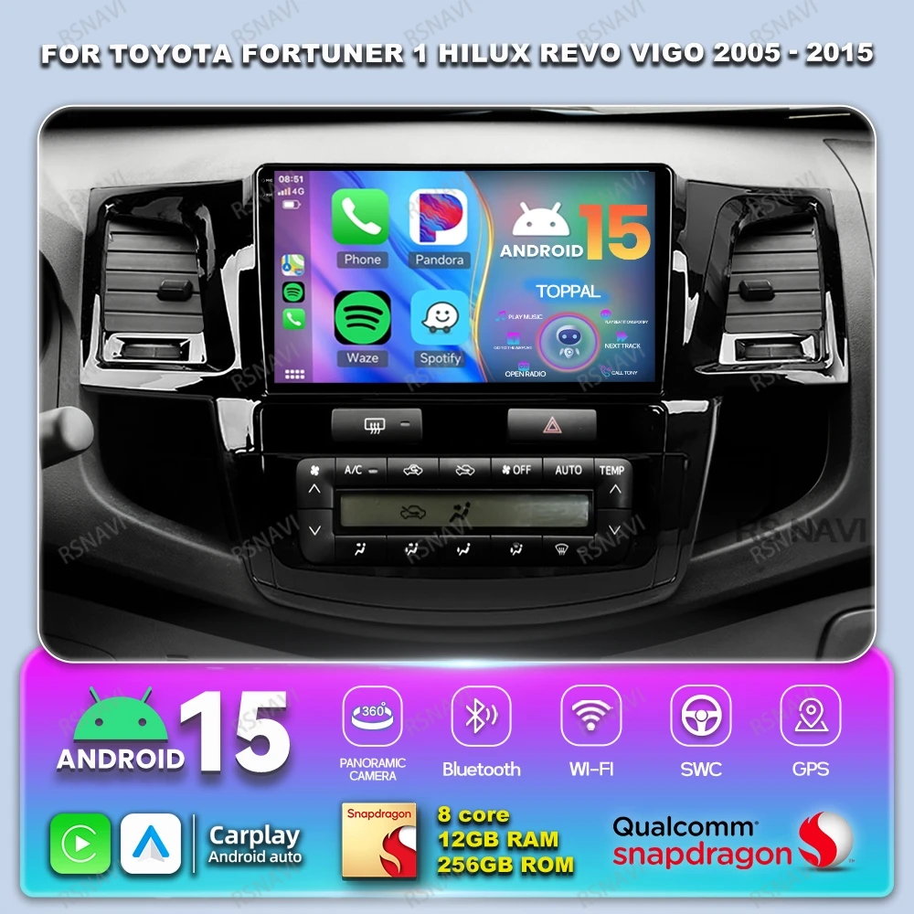راديو سيارة أندرويد 15 لسيارة تويوتا فورتشنر 1 هايلكس ريفو فيجو 2005 - 2015 5G واي فاي لاسلكي Carplay نظام تحديد المواقع التلقائي ستيريو الوسائط المتعددة DSP