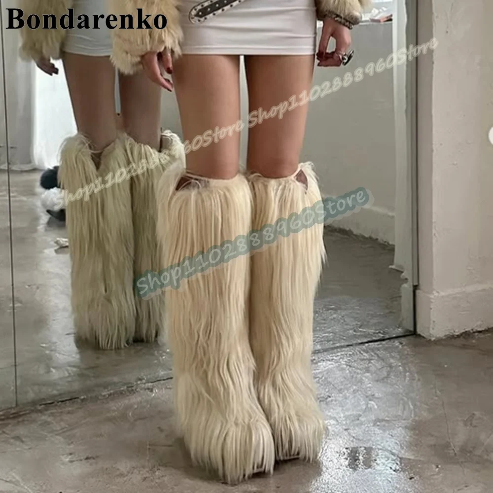 

Knee High Apricot Furry Warm Boots Thick Heel Shoes For Women Side Zipper Round Toe Occidental Style Party Zapatos Para Mujer