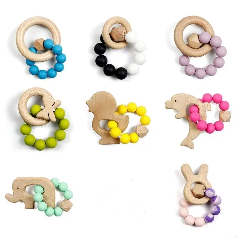 Q22d Baby Silicone حبات Teether Wooden Ring Bracelet Bracelet Toying التمريض