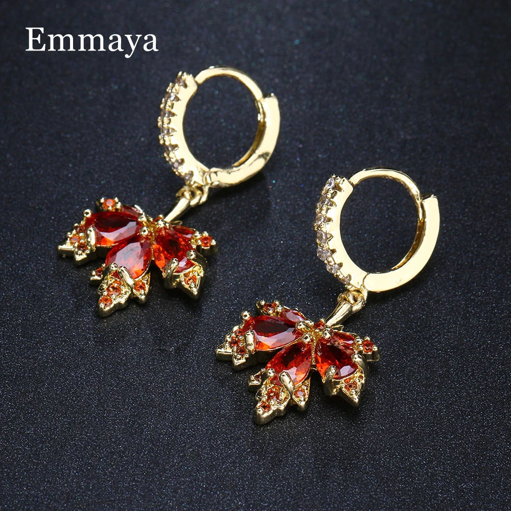 EMMAYA French Vintage Crystal Zircon Red Maple Leaf Earrings for Women Temperament Rhinestone Tassel Earrings Party Jewelry Bijo