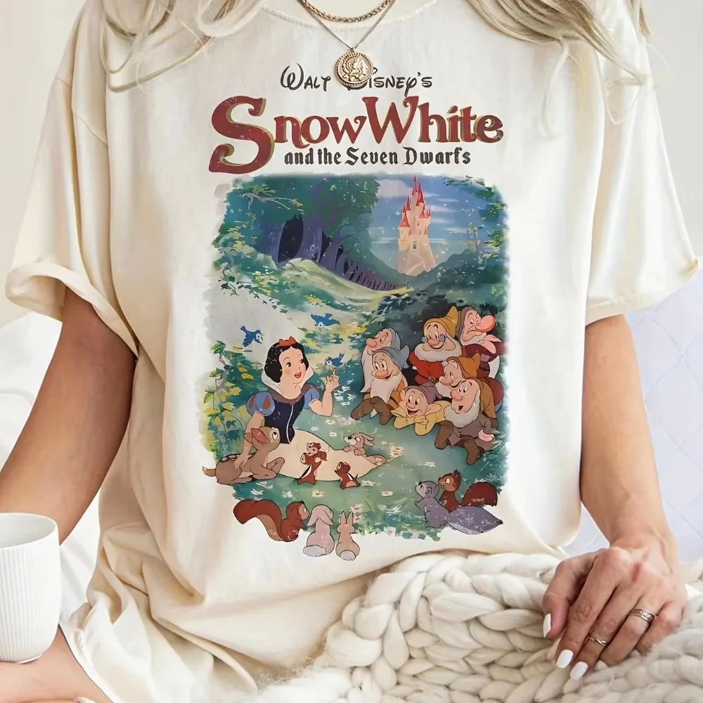 Disney Snow White Seven Dwarfs Women Men's Summer T-Shirt Cute Casual Animation Print Comfortable Short Sleeve Women Top Cotton