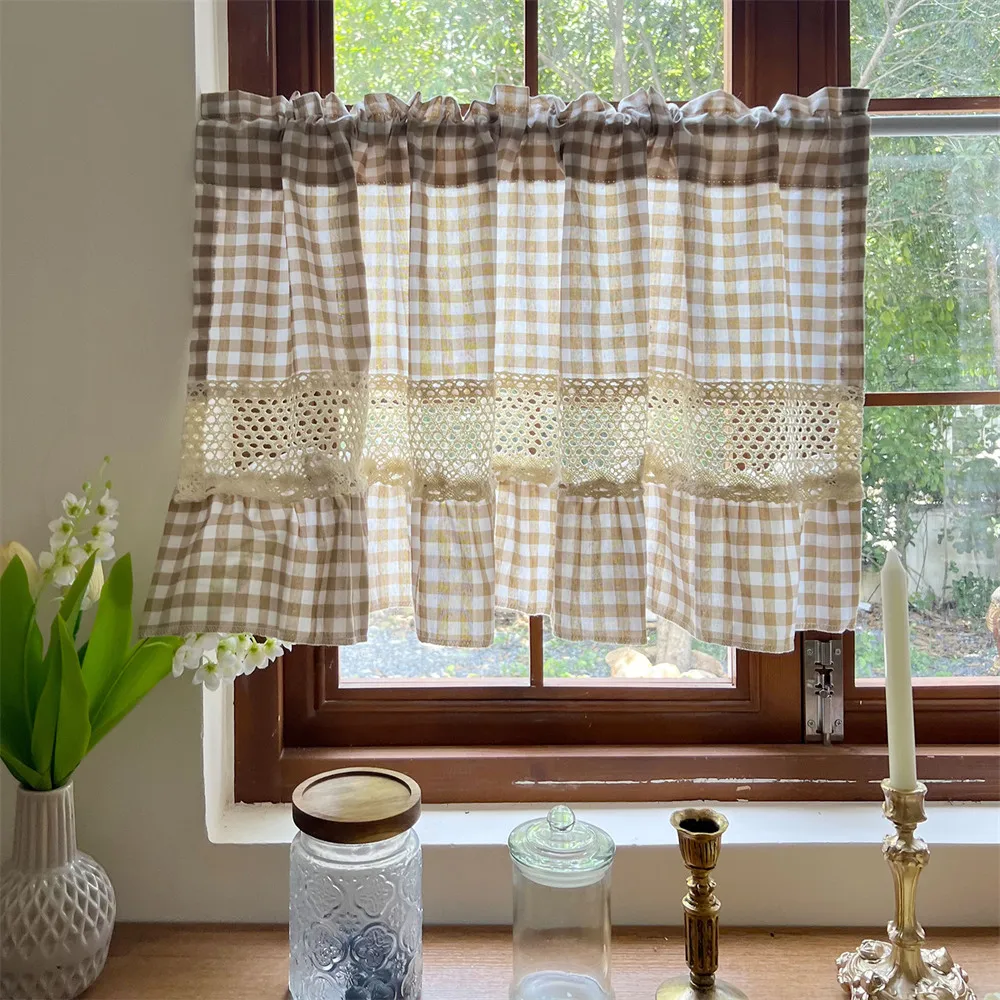 Beige Gingham Cafe Curtain Crochet Lace Trim Light Filtering Window Valance for Kitchen Dining Nook Farmhouse Vintage Home Decor