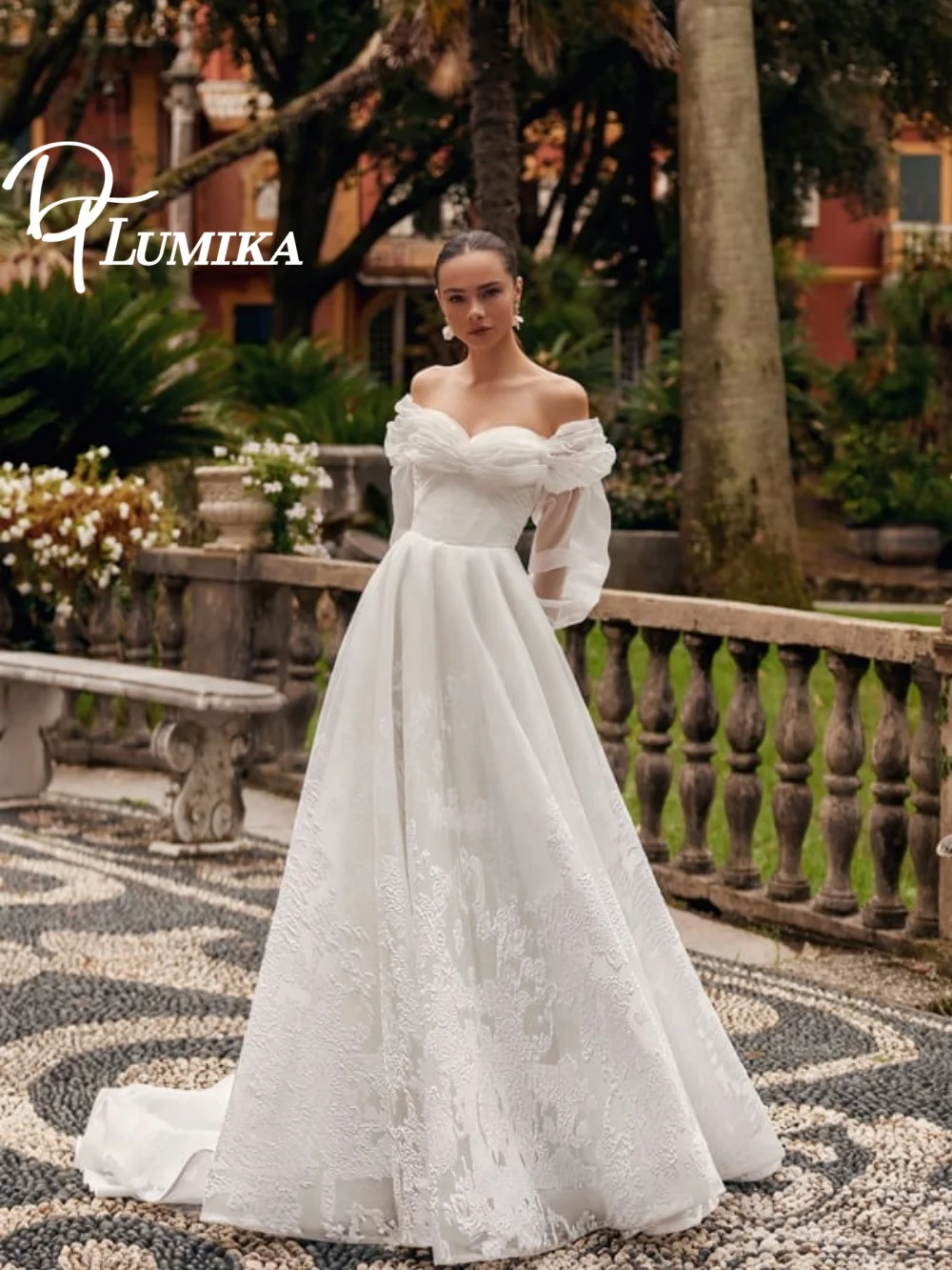 فستان زفاف متجدد الأكتاف وأكمام منتفخة 2026 فستان زفاف أنيق من الدانتيل الشفاف رومانسي على شكل حرف a بطول الأرض رداء D