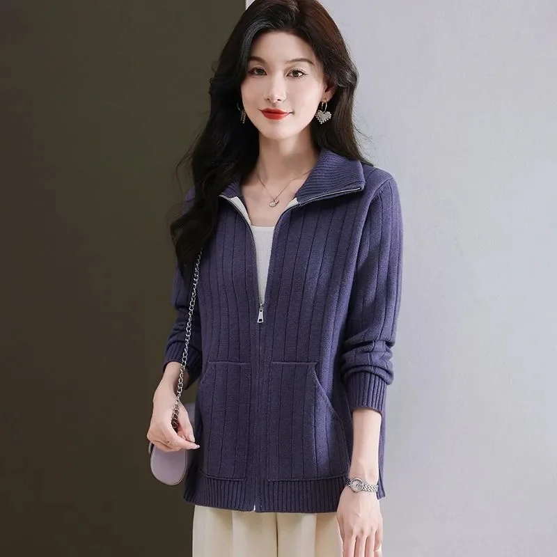 

High Quality Sweater Coat Ladies 2025 Spring Autumn New Wool Jacket Zipper Knitwear Cardigan Large Size 5XL Outerwear Women Tops