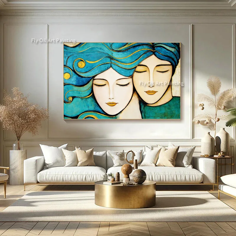 Abstract Green Beige Couple Canvas Thick Oil Painting New Popular Design Handmade Brown Black Elegance Women Wall Art