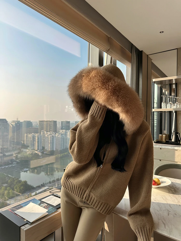 

Черная вязаная кофта-кардиган с капюшоном из искусственного меха Bla Cherry для женщин, осенне-зимняя, модная, повседневная, стандартной длины