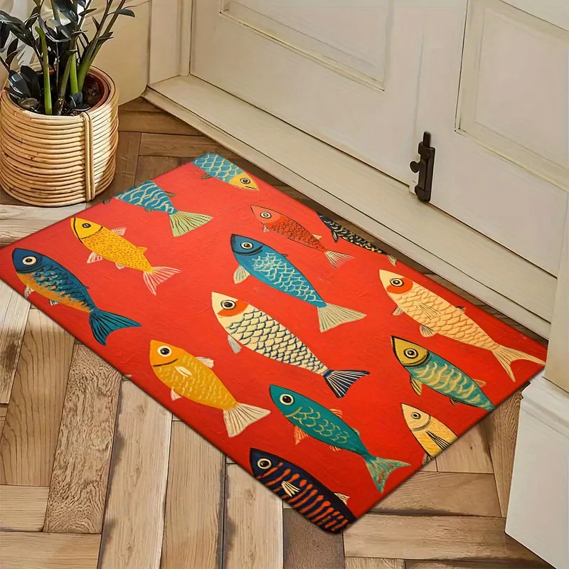1pc Vibrant Fish Pattern Door Mat - Non-Slip, Absorbent, Machine Washable Polyester Area Mat with Colorful Fish Design on Red Ba