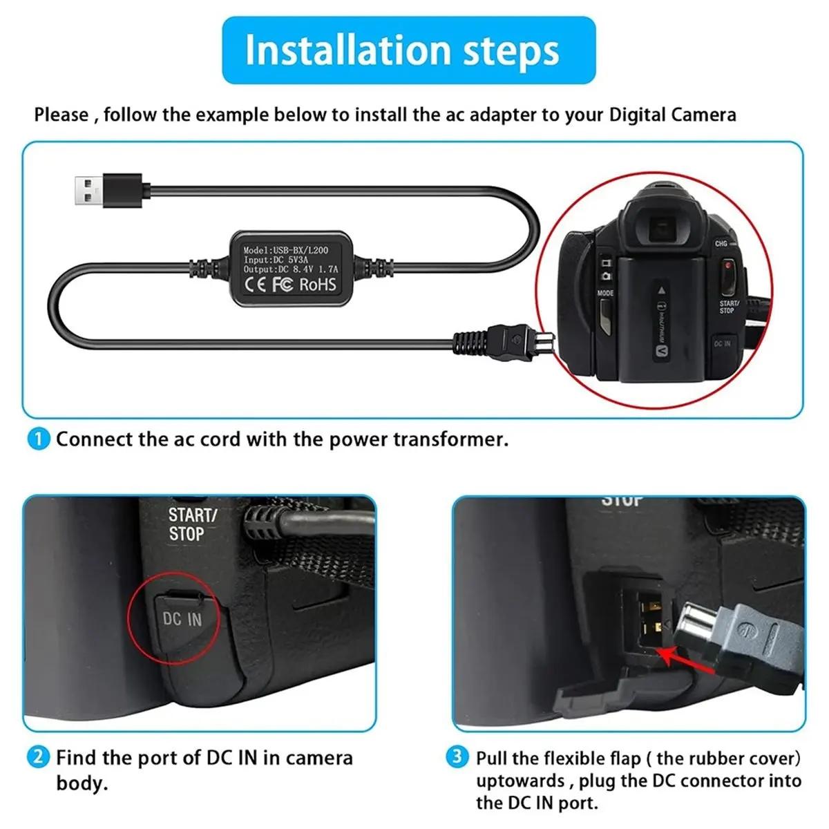ABAN For Charger USB Power Cord, AC-L200 Power Adapter for DV Camcorder -SX40/44 -SR45/47 -SX63/65/85