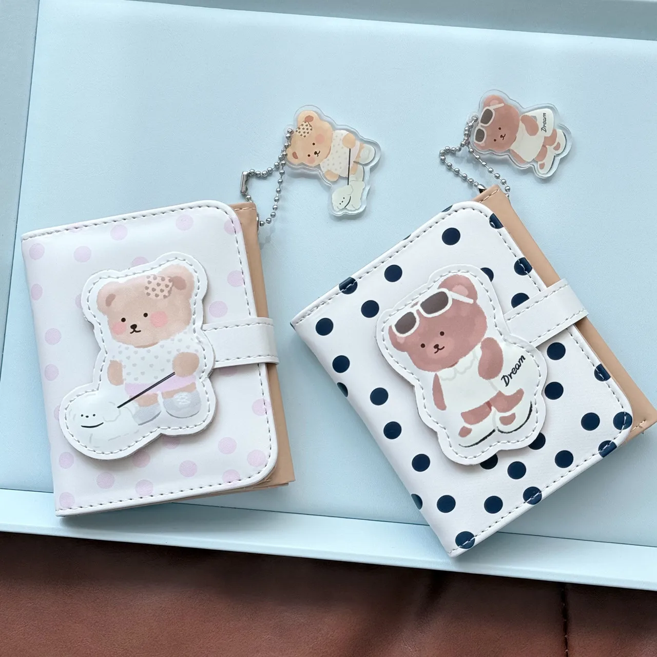 Japanese Korean Style Bear PU Leather Tri-fold Card Holder Snap Button Multi Card Slots Storage Pouch