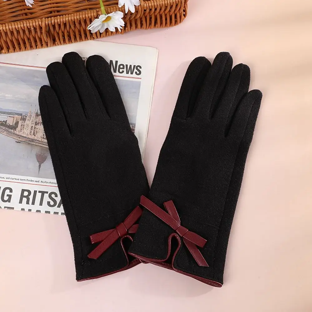 Simple Thick Bow Women Driving Gloves Elastic Female Gloves Suede Leather Mittens Full Finger Gloves Touch Screen Gloves