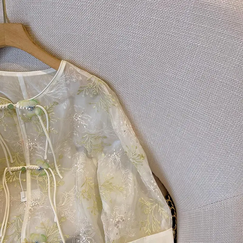 Women's Clothing New Chinese Summer Tang Suit Heavy Work Embroidery Shirt Guo Feng Thin Section Seven-minute Sleeve Top