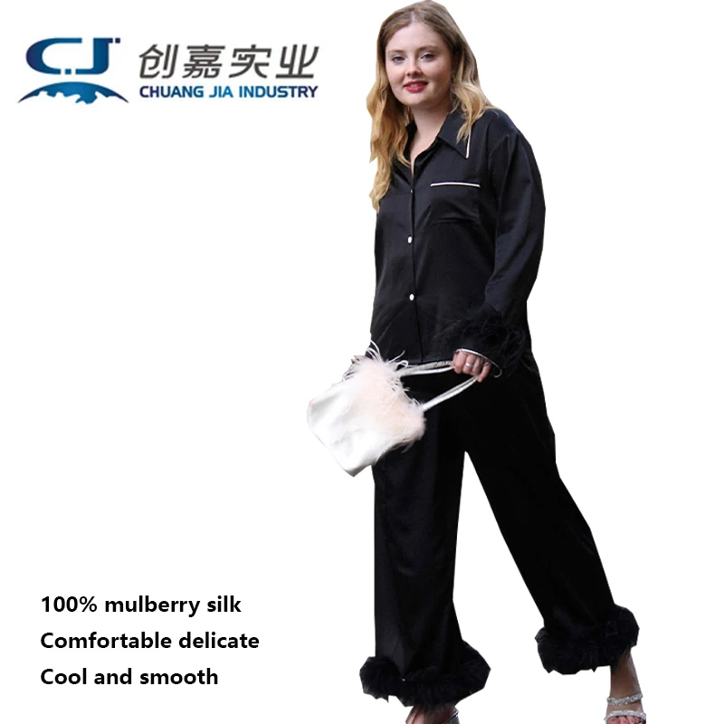 

100% Mulberry Silk Ladies Set Long Sleeve Trousers 2 Pieces Champagne Color Silk Casual Women Loose Size Comfortable Breathable