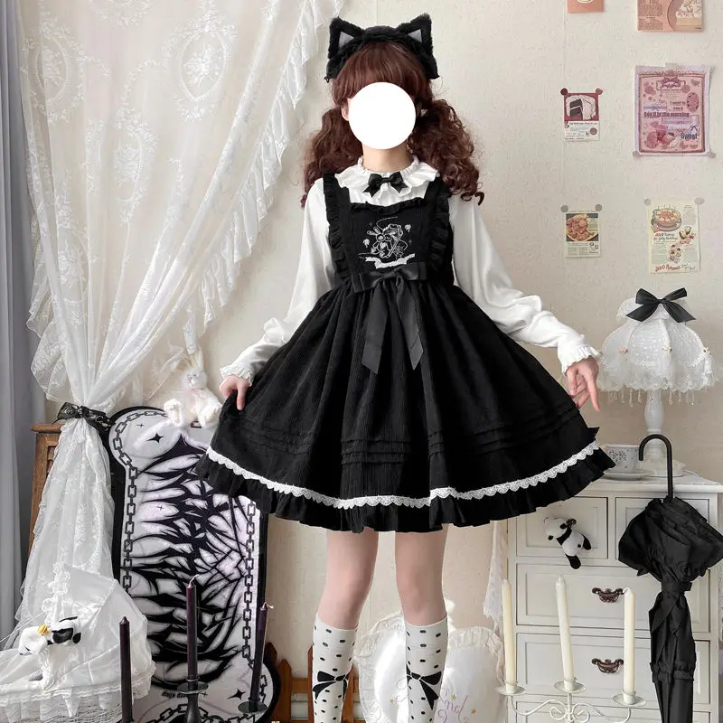 Coalfell {Stock}~ Origineel Ontwerp Schattige Winter Konijn Strik Lolita Vrouwen Jsk Band Zwarte Jurk Herfst/Winter Mini Jurk Vestido