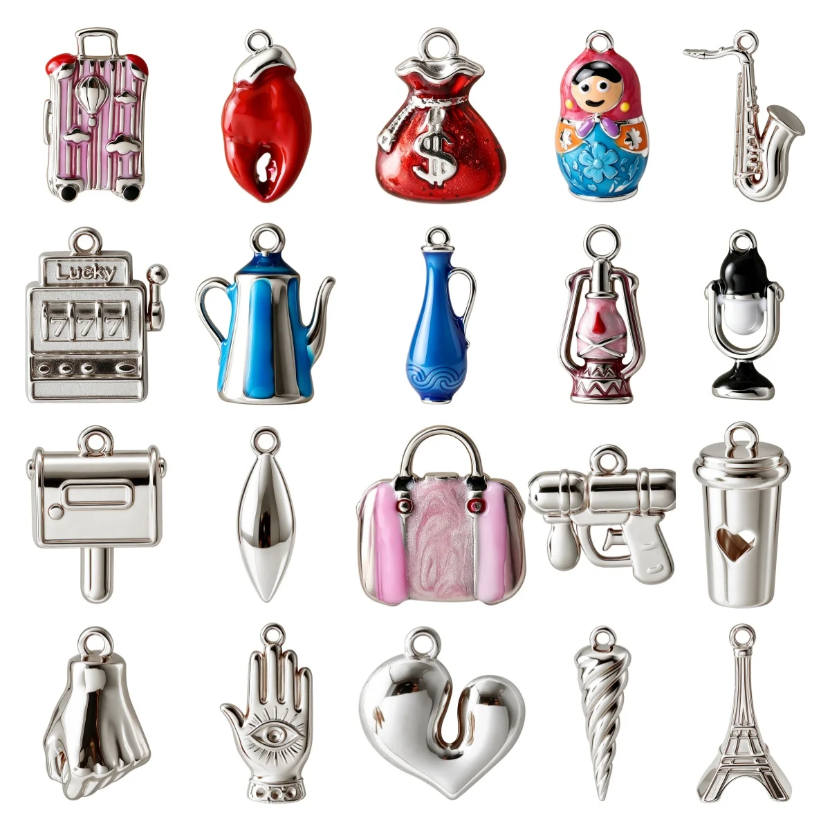10Pcs Silver Plated Vintage Enamel Charms Eiffel Tower Suitcase Kettle Oil Lamp Saxophone Stainless Steel Pendant DIY Jewelry