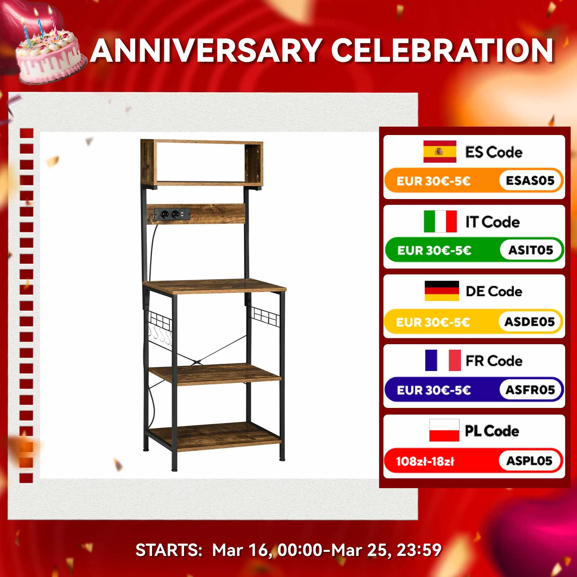HOMCOM Estantería de Cocina con Toma de Corriente 60x42x153 cm Marrón Rústico