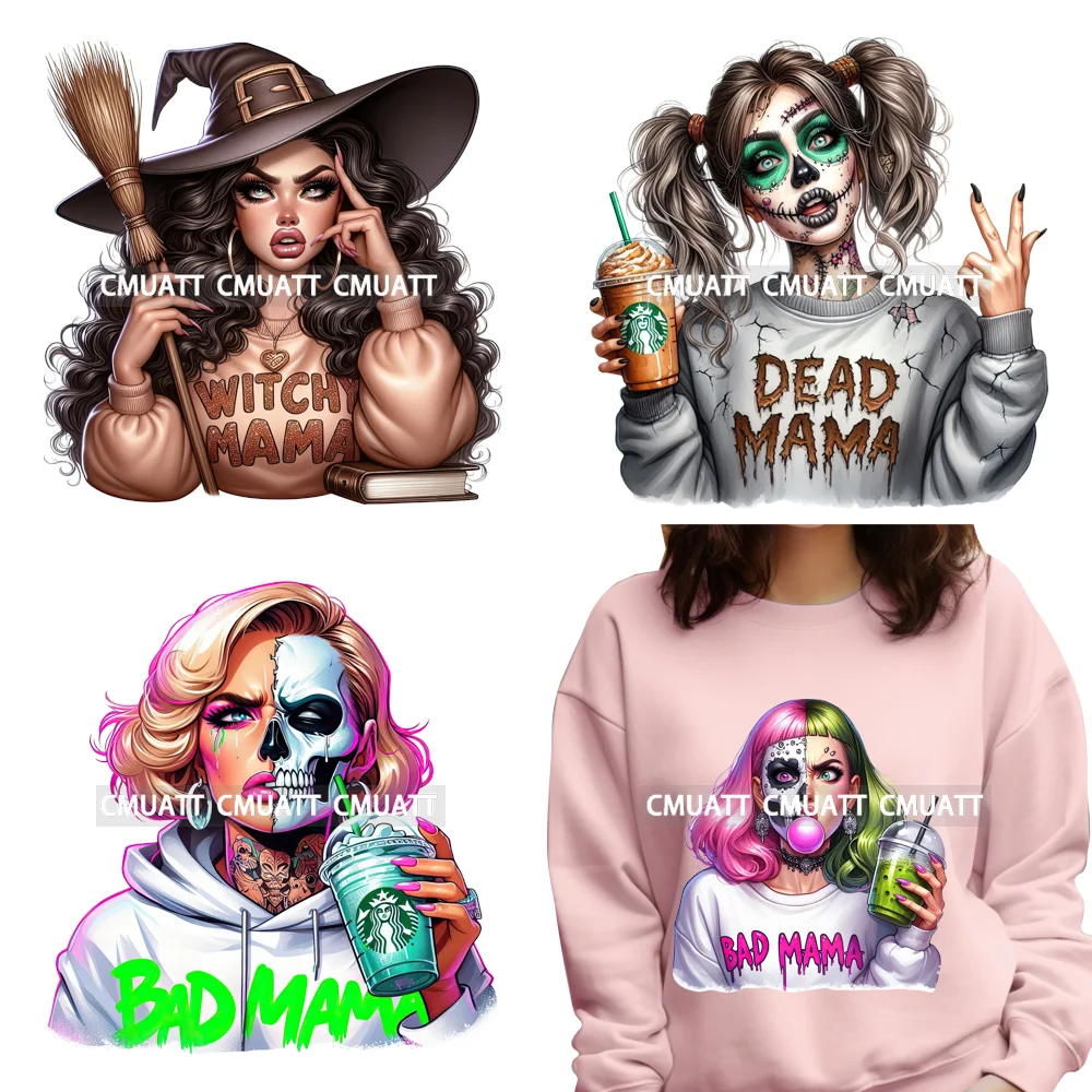 

Witch Dad Mama Страшный Хэллоуин Mom Life Killer Персонаж Питьевой утюг на DTF Трансферы Наклейки Готов к натиске для текстильных сумок