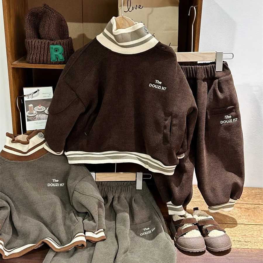 

Children Clothing Set 2023 Winter New High-neck Fleece Hoodie Baby Boys and Girls Thick Pants Warm Kids Two Piece Sets
