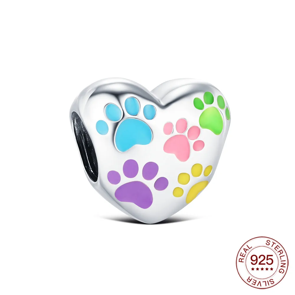 Charms Original Bunte Katze Pfote Herz-förmigen Perlen S925 Sterling Silber Bead Fit Armbänder Diy Für Frauen Edlen Schmuck Liebe geschenk