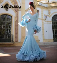 Sexy Mermaid Flamenco Dancing Prom Party Gowns Tiered Skirt Long Sleeves V neck Women Evening Occasion Dresses Customized