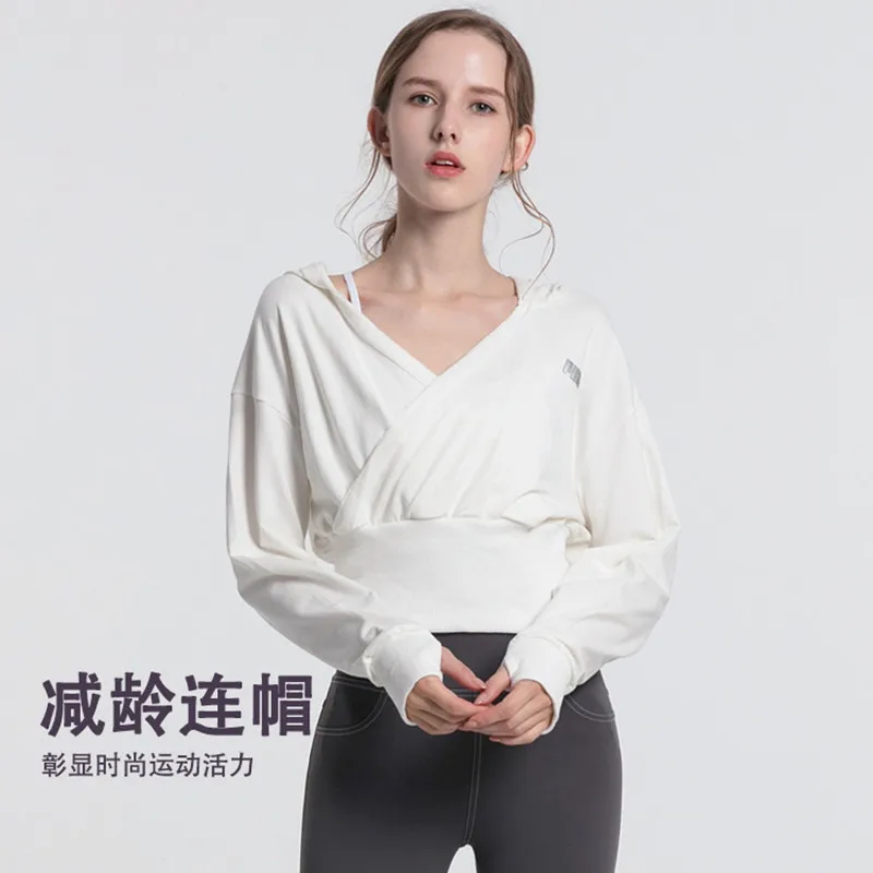 Autumn Winter Long Sleeve Hooded Sports Smock Women Yoga Gym Fitness Quick Dry Loose Tops Sexy V-neck Design Breathable Clothes