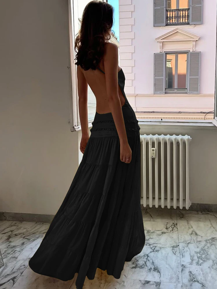 Sisterlinda Ruffleซ้อนชุดMaxi Halter Solid SlashคอBacklessจีบหลวมVestidosหญิงคลาสสิกเทศกาลFrock