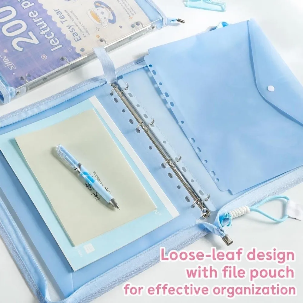 Portable 4-Hole Loose-leaf A4 Binder Folder, with Handle Zipper File Bag Transparent Paper Organizer School Supplies