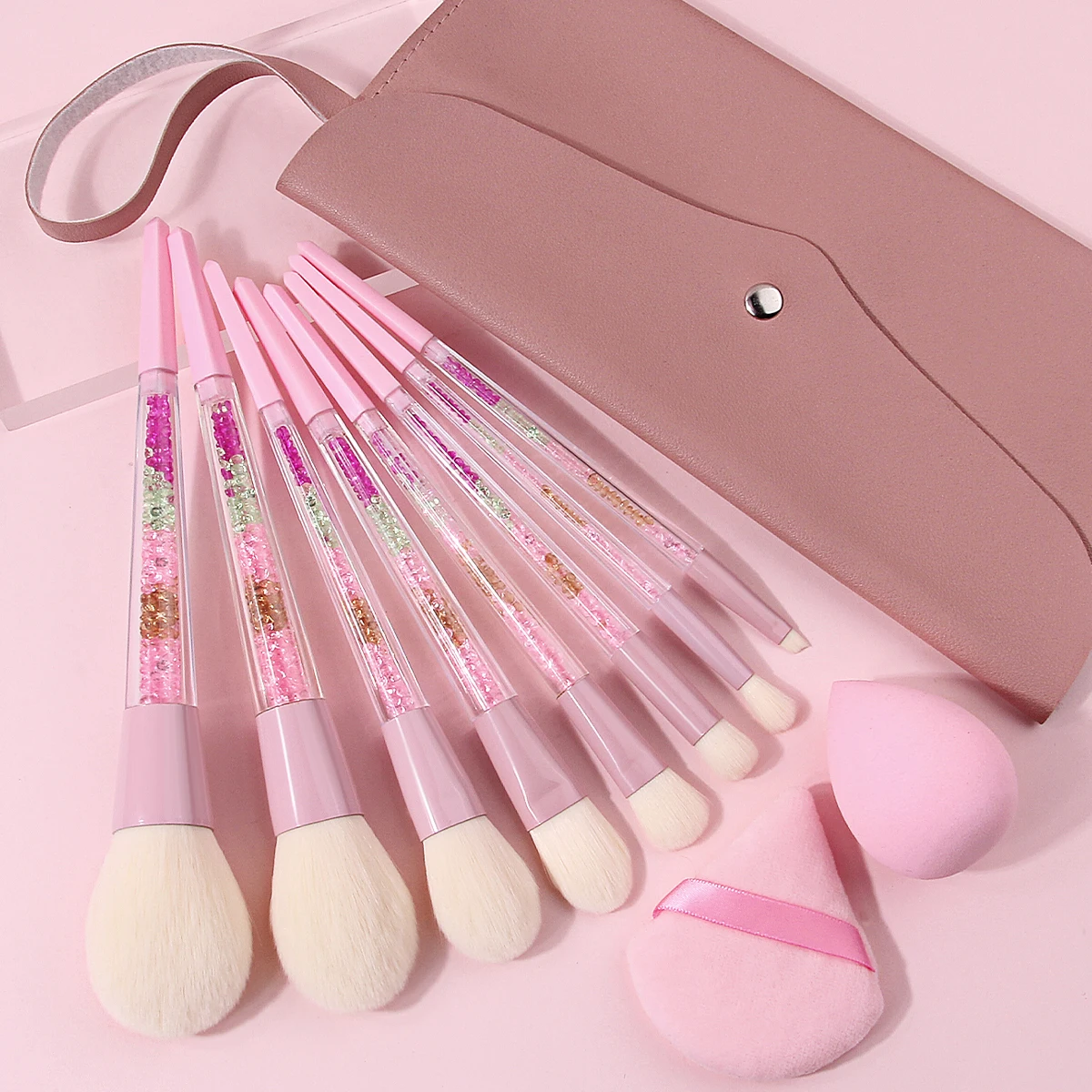 11PCS Pink Glitter Makeup Brush Set with Bag,Crystal Handle Brushes Makeup Sponge Powder Puff Storage Bag, Soft Hair Full Face