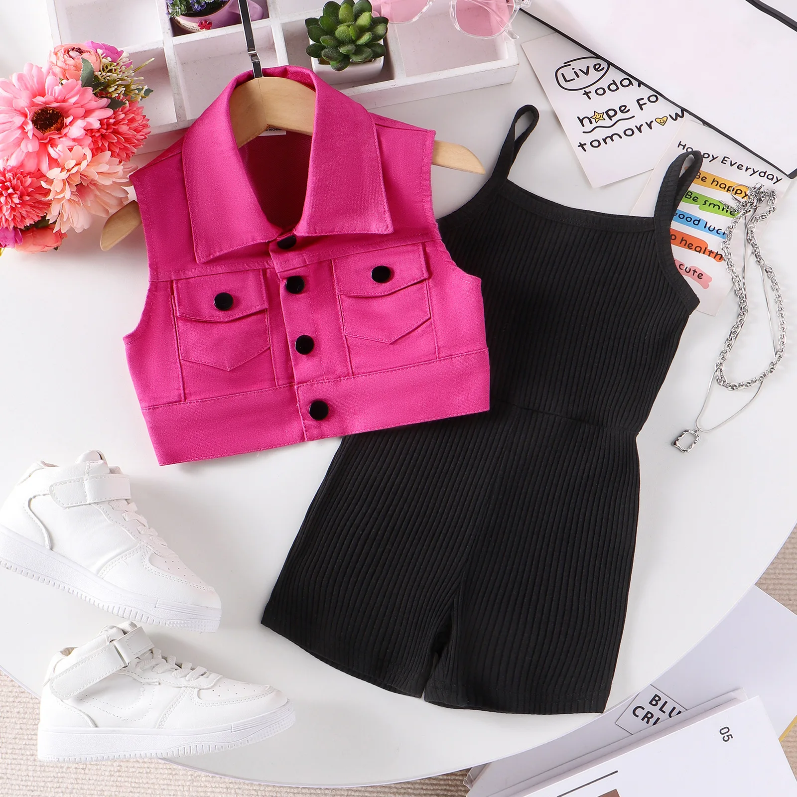 

2024 New Summer Girls Clothes Sets Kids Sleeveless Lapel Vest Jacket + Solid Sling Jumpsuit Rompers Girls Casual Clothing
