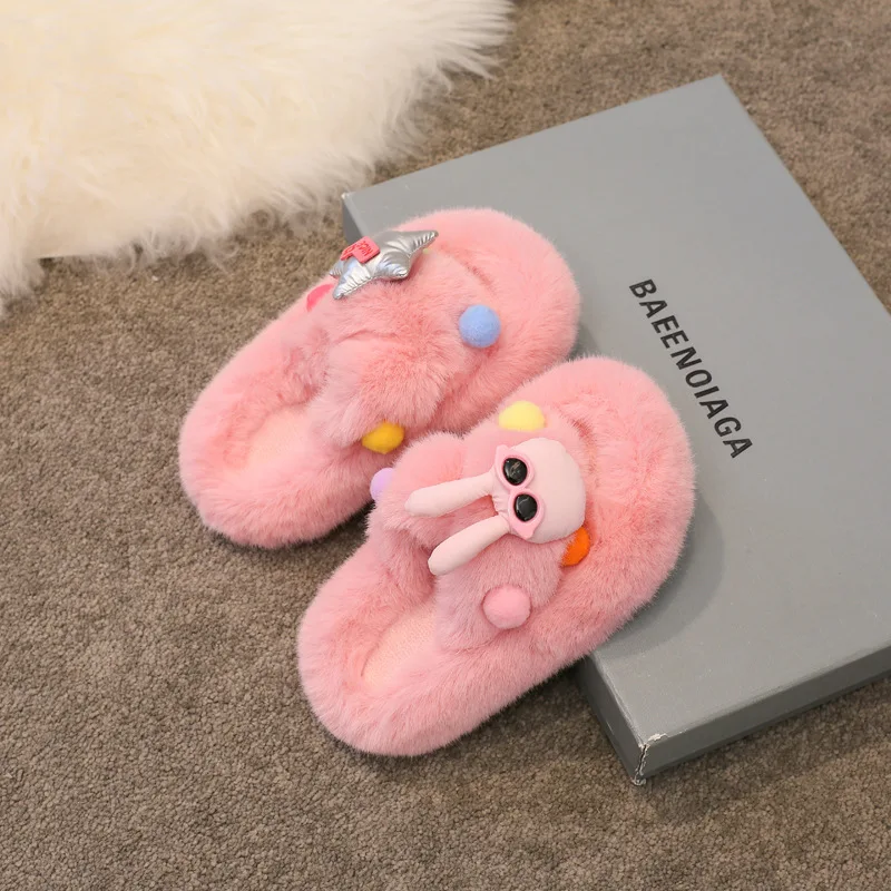 Kids Winter Slippers Open Toe Cute Decoration Home Shoes Plush Comfort Girls Shoes Outdoor Thick Sole Anti Slip Fur Slippers 슬리퍼