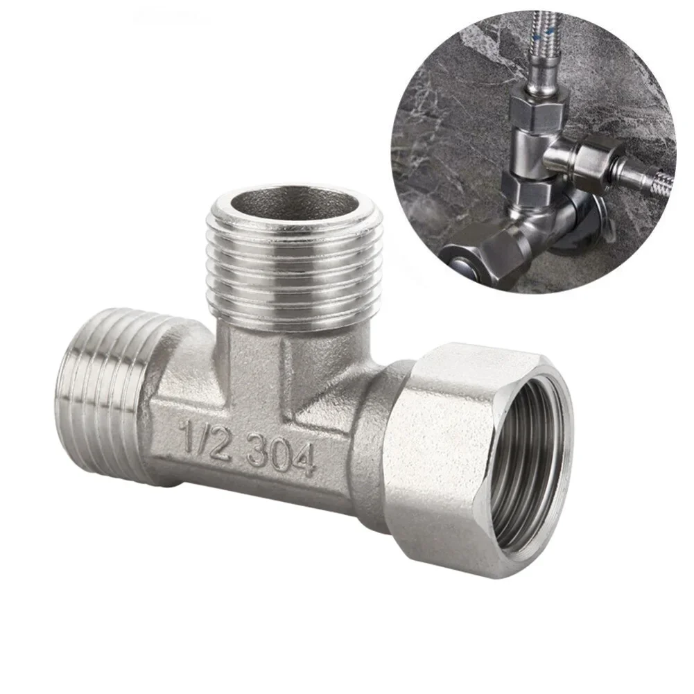 

G1/2 3 Way T-Adapter Bathroom Shower Faucet Water Splitter Toilet Shower Valve Spray Nozzle Converter Stainless Steel Silver