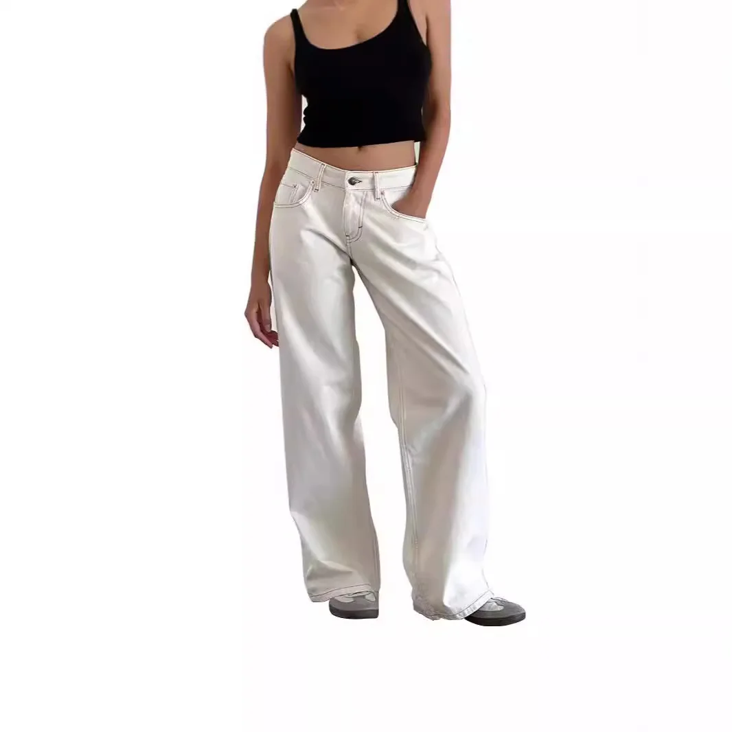 

American Retro Low Rise Non Elastic Washed Straight Leg Jeans for Women in Autumn New Street Wide Leg Denim Pants for Casual We
