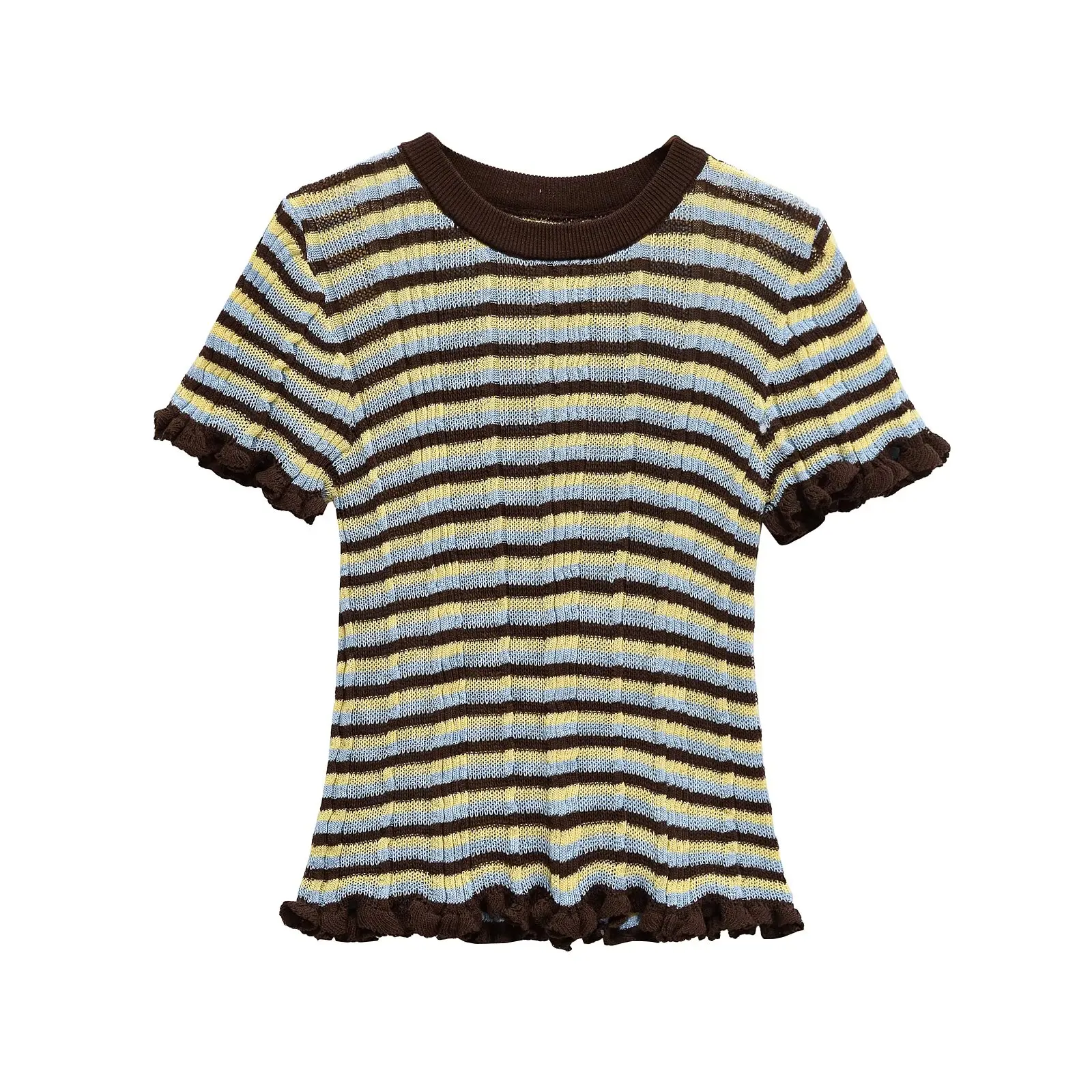 

ZBZR Spring New Women's Faion Simple Stripe Decorative Layered T-irt Commute Sle ort Sve round Ne Polyester Fiber