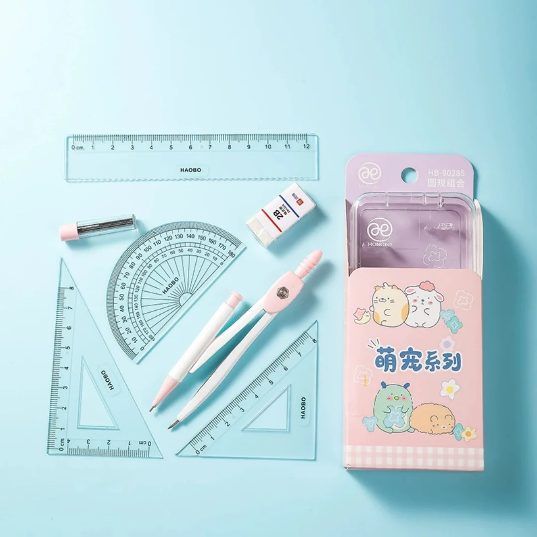 Cartoon Compass and Ruler Set Student Stationery Set Exam Specific Ruler Box Kit Classroom rewards Back To School Supplies