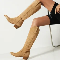 Pointed Toe Knight Boots for Women Brown PU Leather Knee High Boots Woman  Autumn Winter Western Cowboy Long Botas Mujer 2024