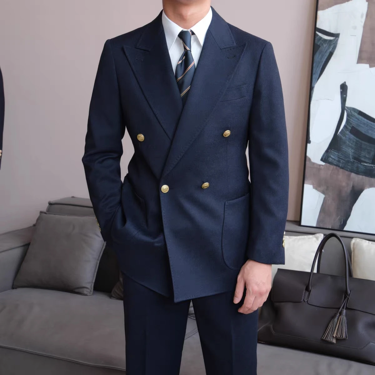 

New Autumn Peak Lapel Double Breasted Navy Blue Men's Suits 2pcs Blazer Pants Formal Business Office Party Elegant Male Suit