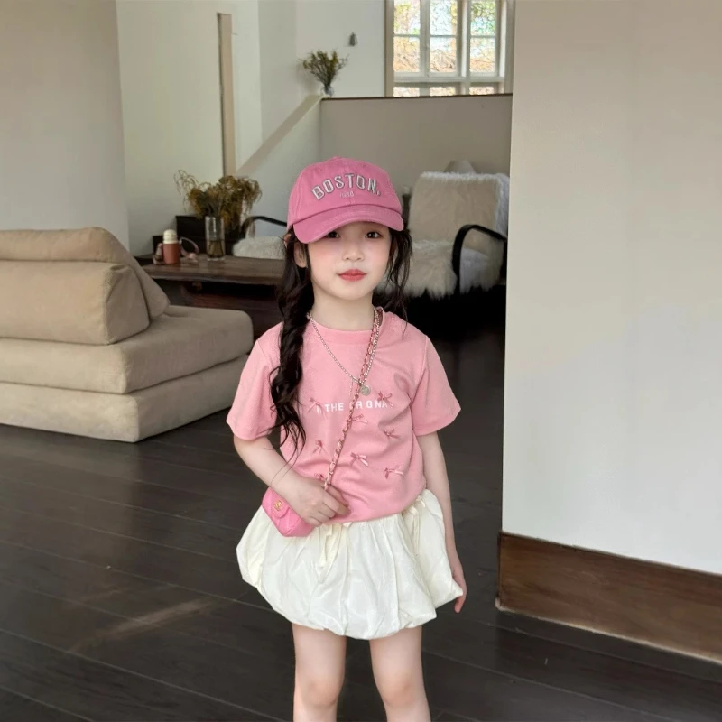 

2025 Summer New Style Girl's Fashion Set Children's Sweetheart Short Sleeve T-Shirt with Bowknot Skirt Two-Piece Set