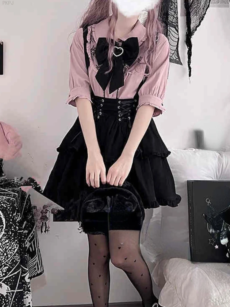 

Black Japanese Lolita Kawaii Dress Women Korean Sweet Cute Suspender Dress Female Bandage Princess Elegant Party Mini Dress 2024