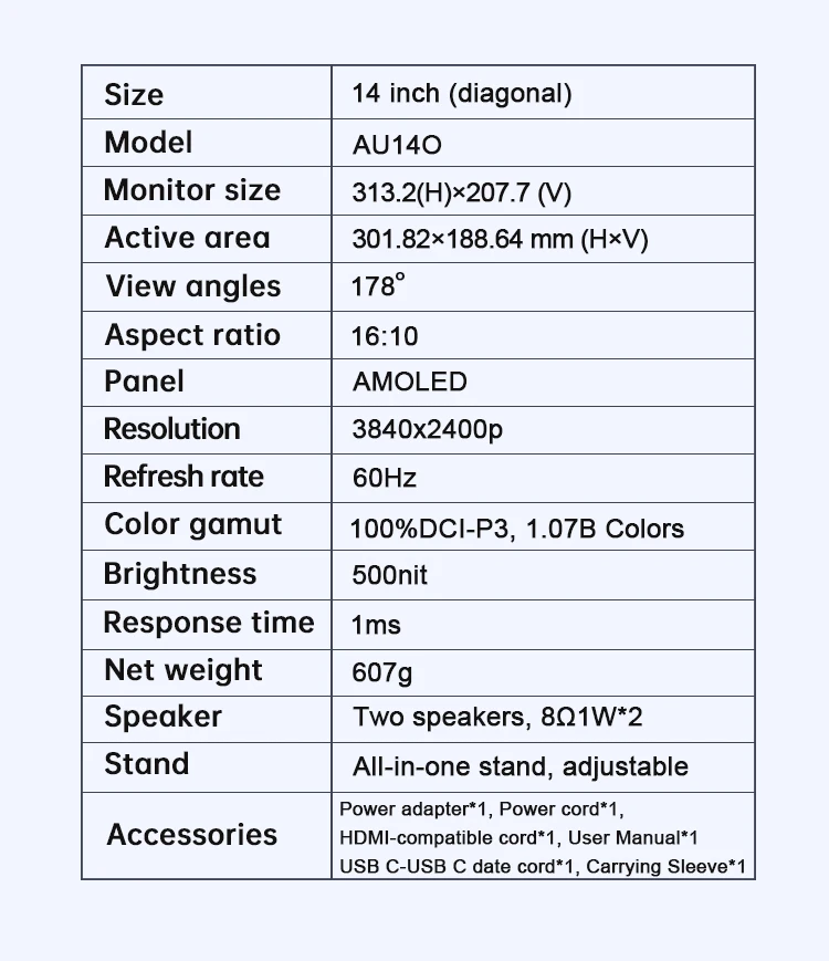 14'' 4K OLED Tragbarer Monitor 16:10 3840*2400p 500Nits USB-C HDMI-kompatibler externer Gaming-Monitor für PS5 Switch Laptop MacOS – Detail 27