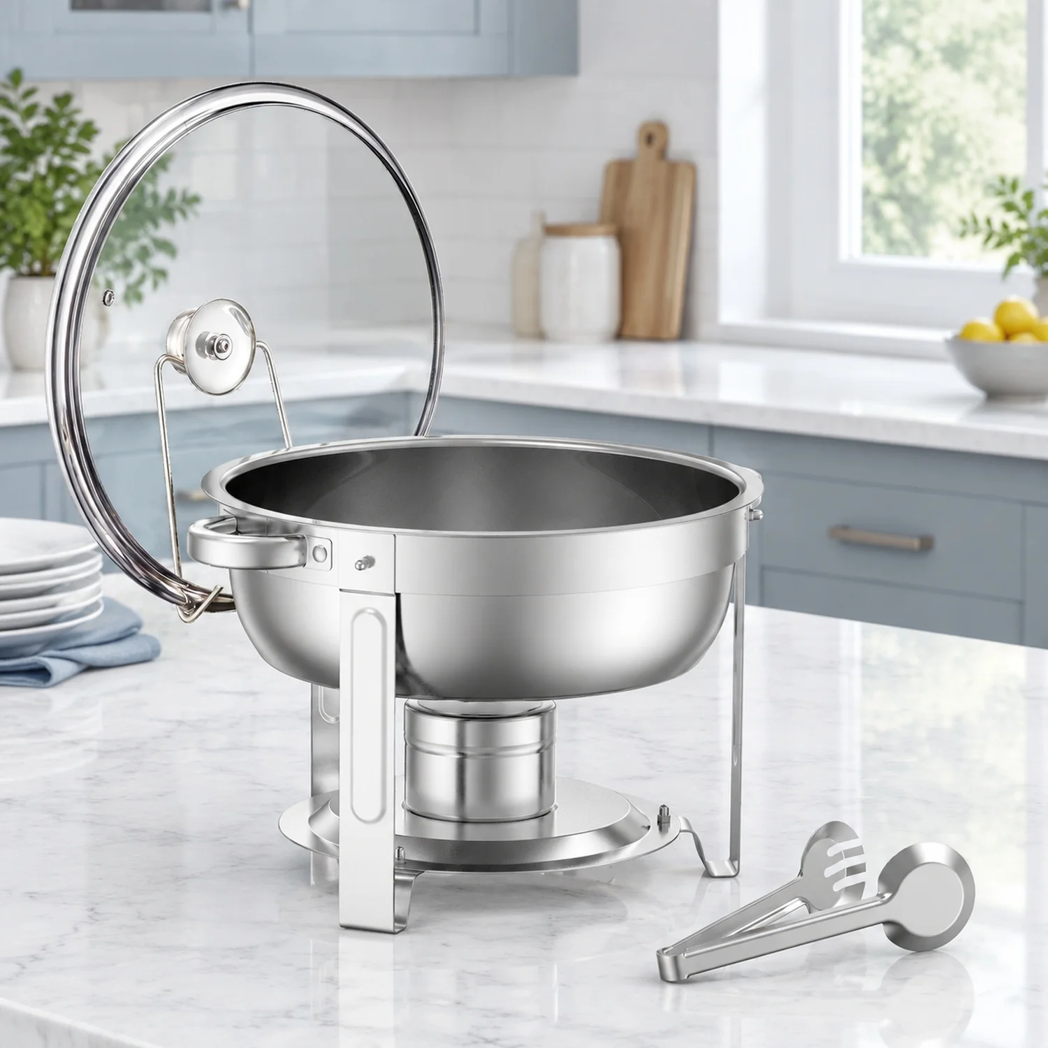 Chafing Dish Buffet Set, 5 Qt 2 Pack, Stainless Steel Chafer with 2 Full Size Pan, Round Catering Warmer Server Glass Lid Water