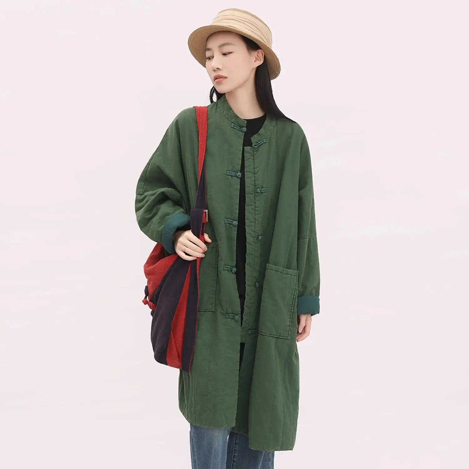 

LZJN Women's Winter Warm Hemp and Cotton Quilted Jacket Traditional Chinese Retro Style with Buttons, Loose Ethnic-Style Jacket