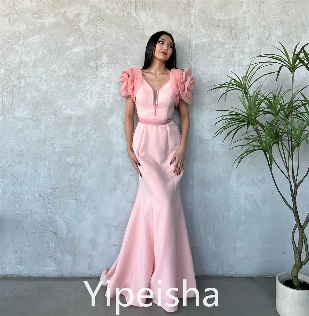 Yipeisha-花柄のサテンカスタム、Vネック、マーメイド、イブニング、絶妙、ファッション