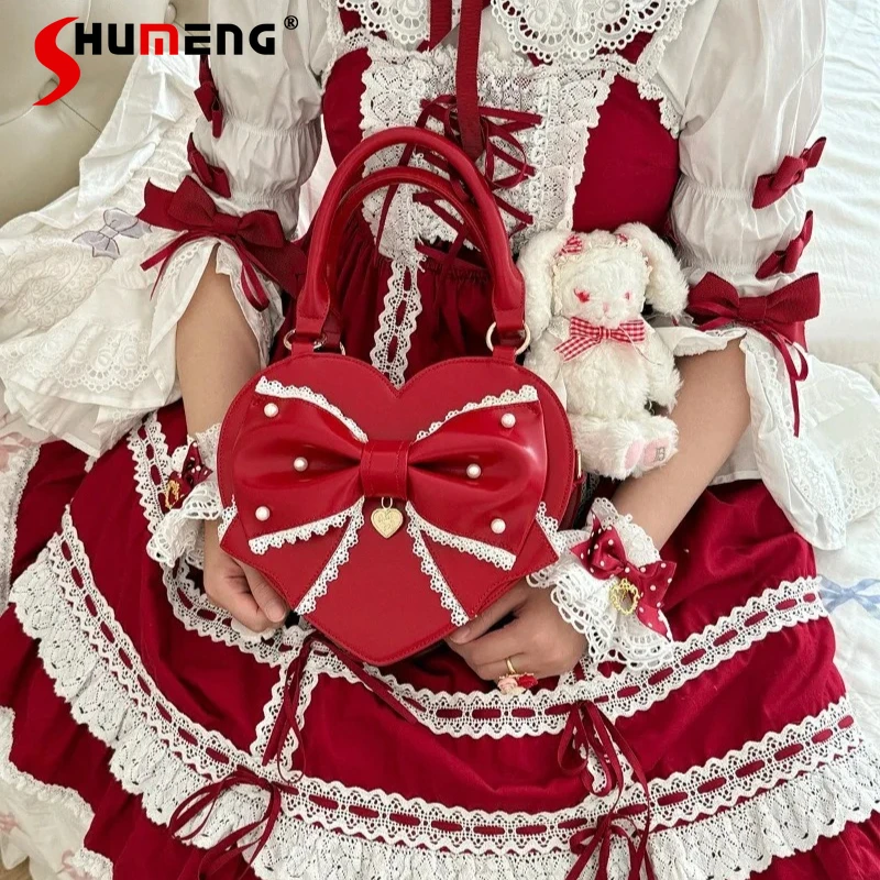 

Vintage Sweet Cute Lolita Heart Shopping Bags Lace Edge Pearl Decoration Y2k Handbag Crossbody Bag Party Daily Use For Ladies